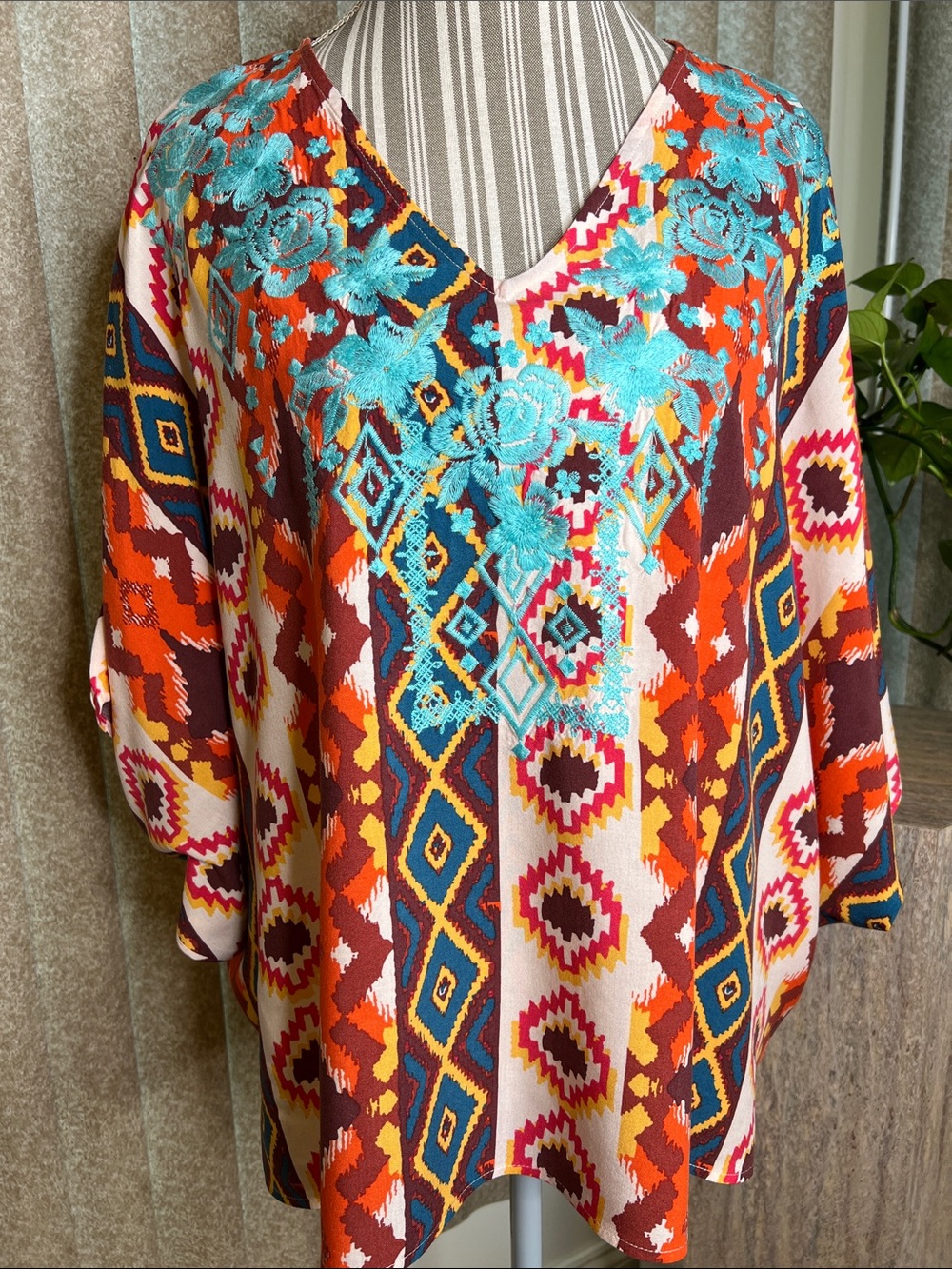 Savanna Jane Orange Multi Embroidered V-Neck Boho Tunic